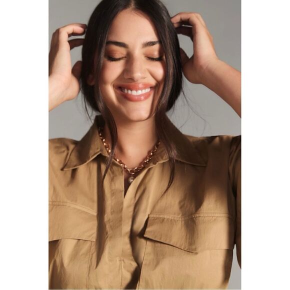 NEW Anthropologie Maeve Taupe Utility Gathered Maxi Shirt Dress Large Petite - Picture 9 of 10